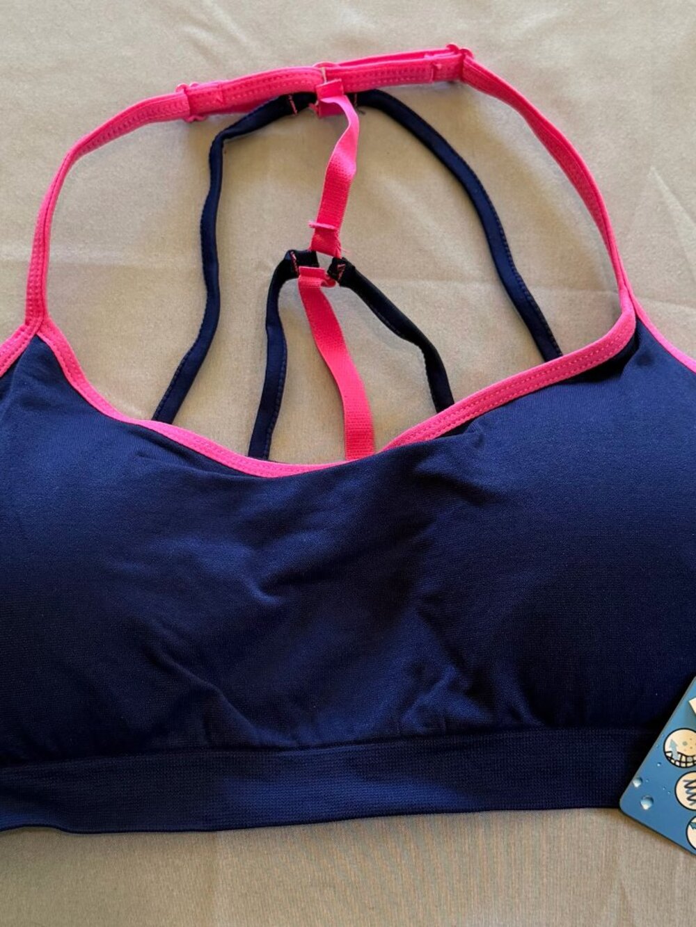 Shoactive Woman’s Strappy Sports Bra NWT Navy Blue With Pink Straps Size Medium